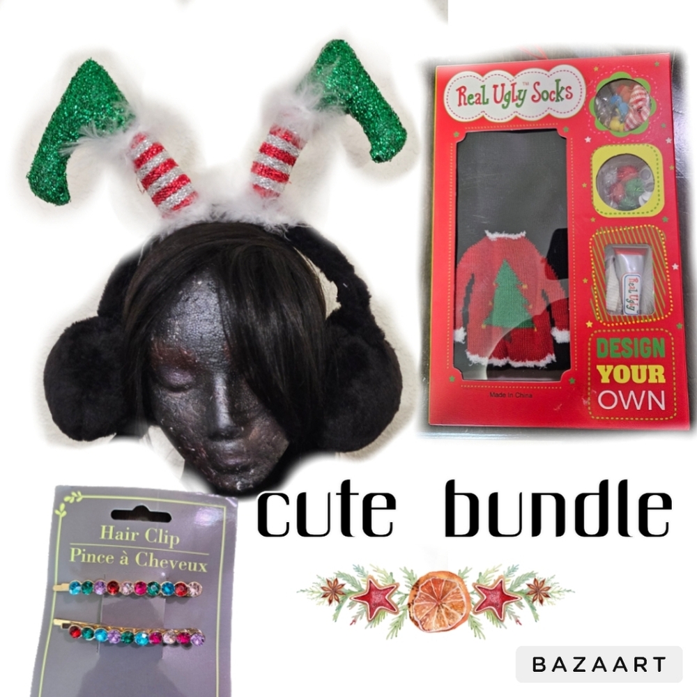 Christmas Bundle Ear Muffs Hair Baretts ugly socks kit